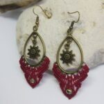 Bohemian Antique Bronze Sun Charm Macramé Drop Earrings – Red