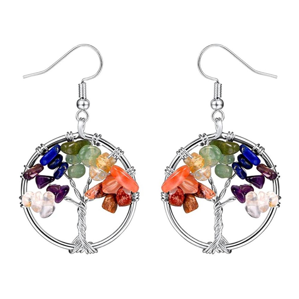 2 Rainbow Gemstone Tree of Life Dangle Earrings - Image 1