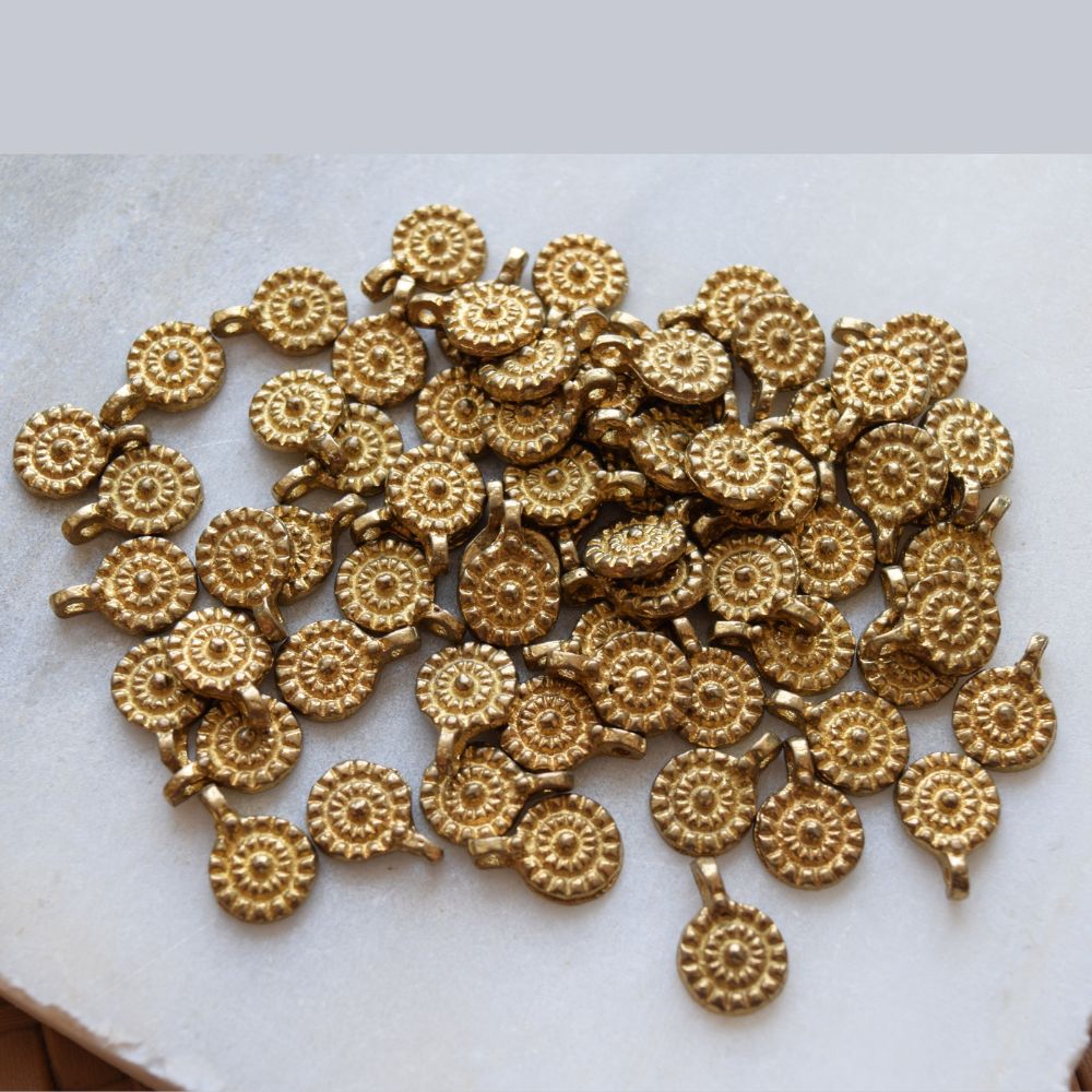 3 Golden Floral Round Metal Charms with Loop - Image 1