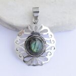 Handcrafted Silver-Tone Round Gemstone Filigree Pendant