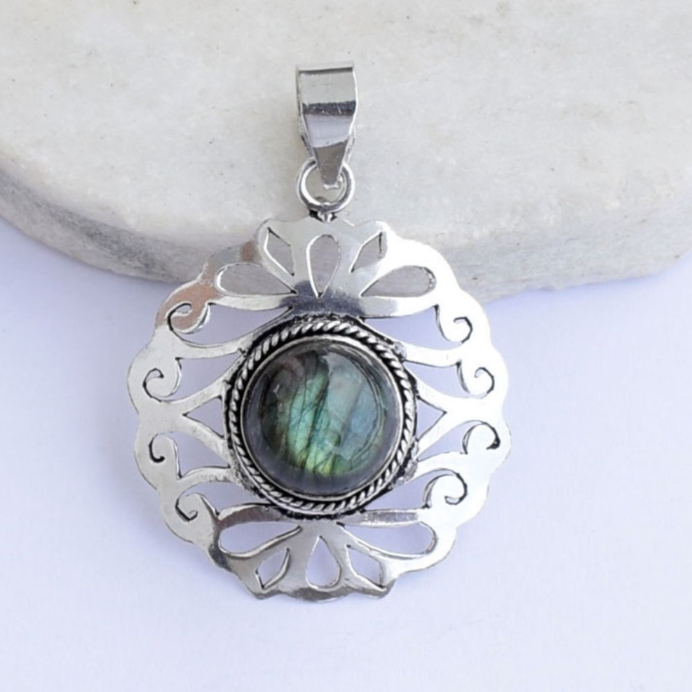 6 Handcrafted Silver-Tone Round Gemstone Filigree Pendant - Image 1