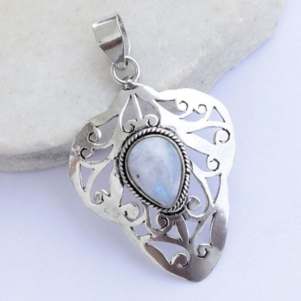 7 Teardrop White Gemstone Filigree Silver Pendant - Image 1